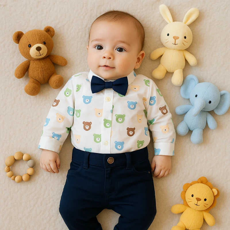 Bebek Takım ayıcık baskılı çıtçıtlı gömlek papyonlu 6-24 ay 