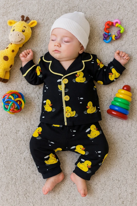 Bebek takım pijama ördek baskılı 6-24 ay siyah