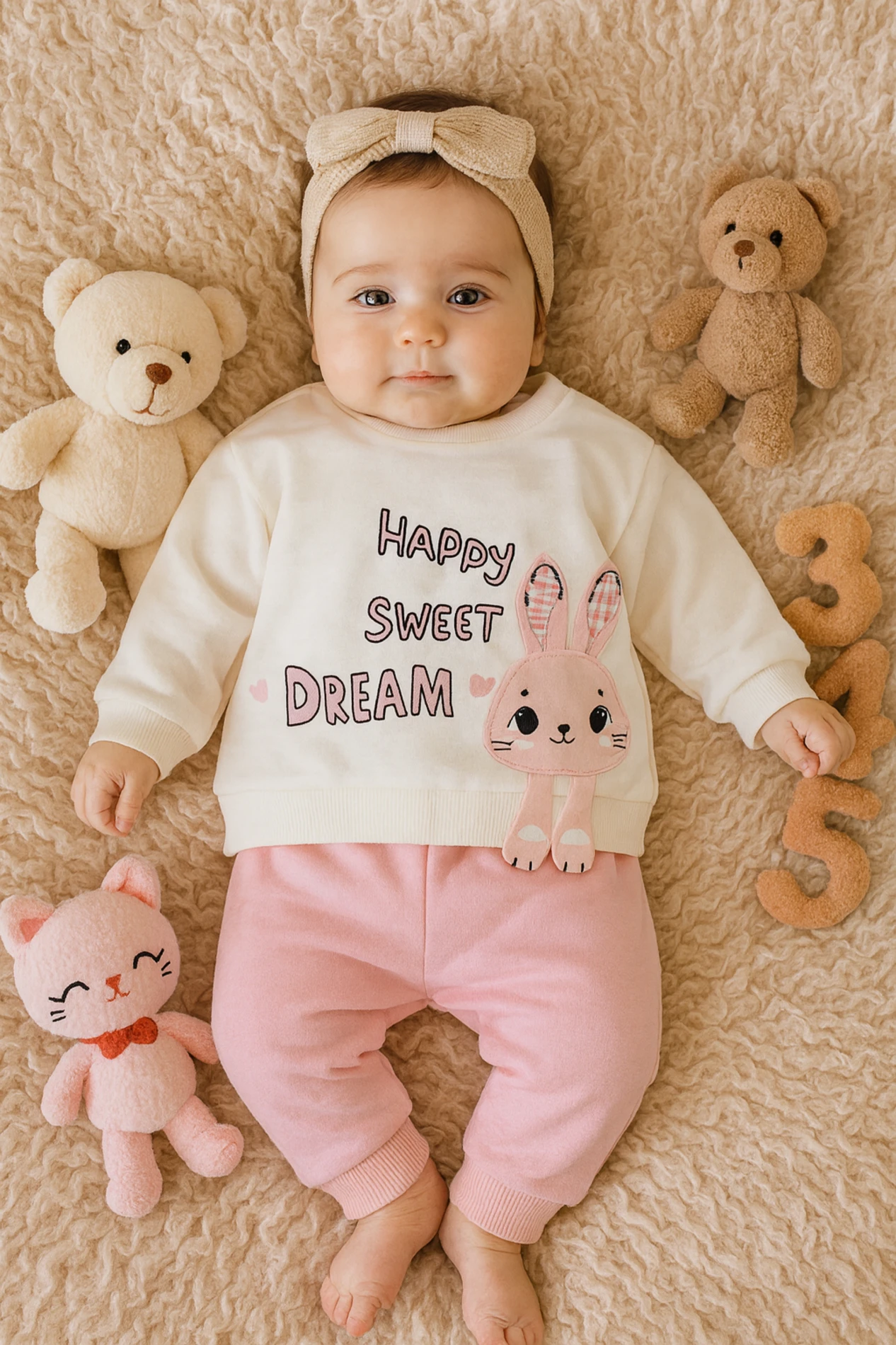 Bebek Happy Sweet Dream Baskılı Tavşan Detaylı Takım 