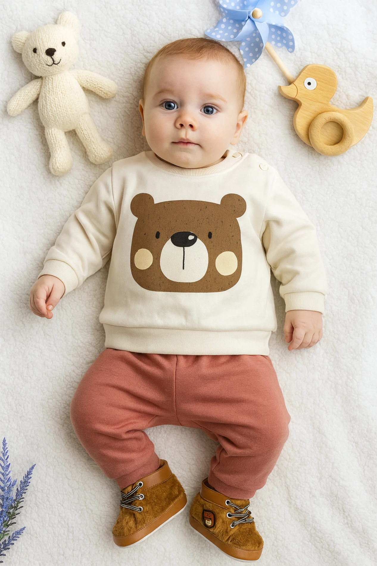 Bebek takım sevimli ayıcık kafa baskılı 6-9-12 ay
