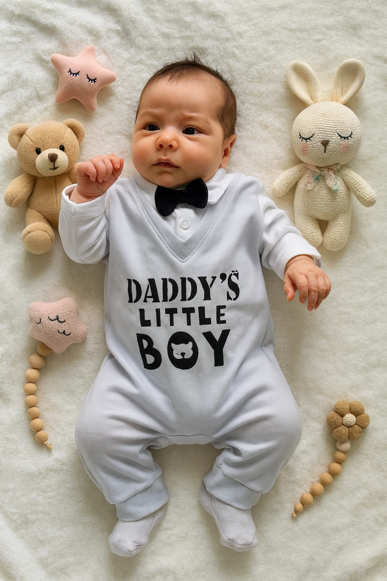 Bebek Daddy's Lıttle Boy Baskılı Süveter Görünümlü Papyonlu Tulum